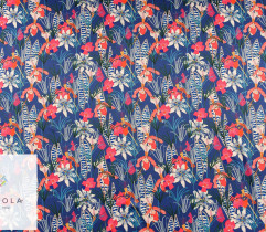 Satin, tropical flowers on a navy blue background 2,5 Lm