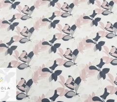 Woven Fabric Silki – navy and pink leaves
