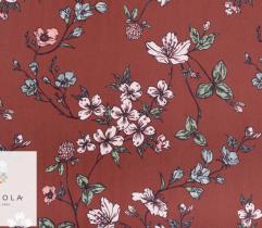 Tkanina Żorżeta - delikatne kwiaty na brązowym tle