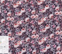 Panama Polyester Blumen in Ecru und Rosa auf Schwarz 