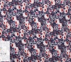 Panama Polyester Blumen in Ecru und Rosa auf Marineblau