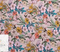 Woven Viscose Fabric - intense colouring flowers on beige